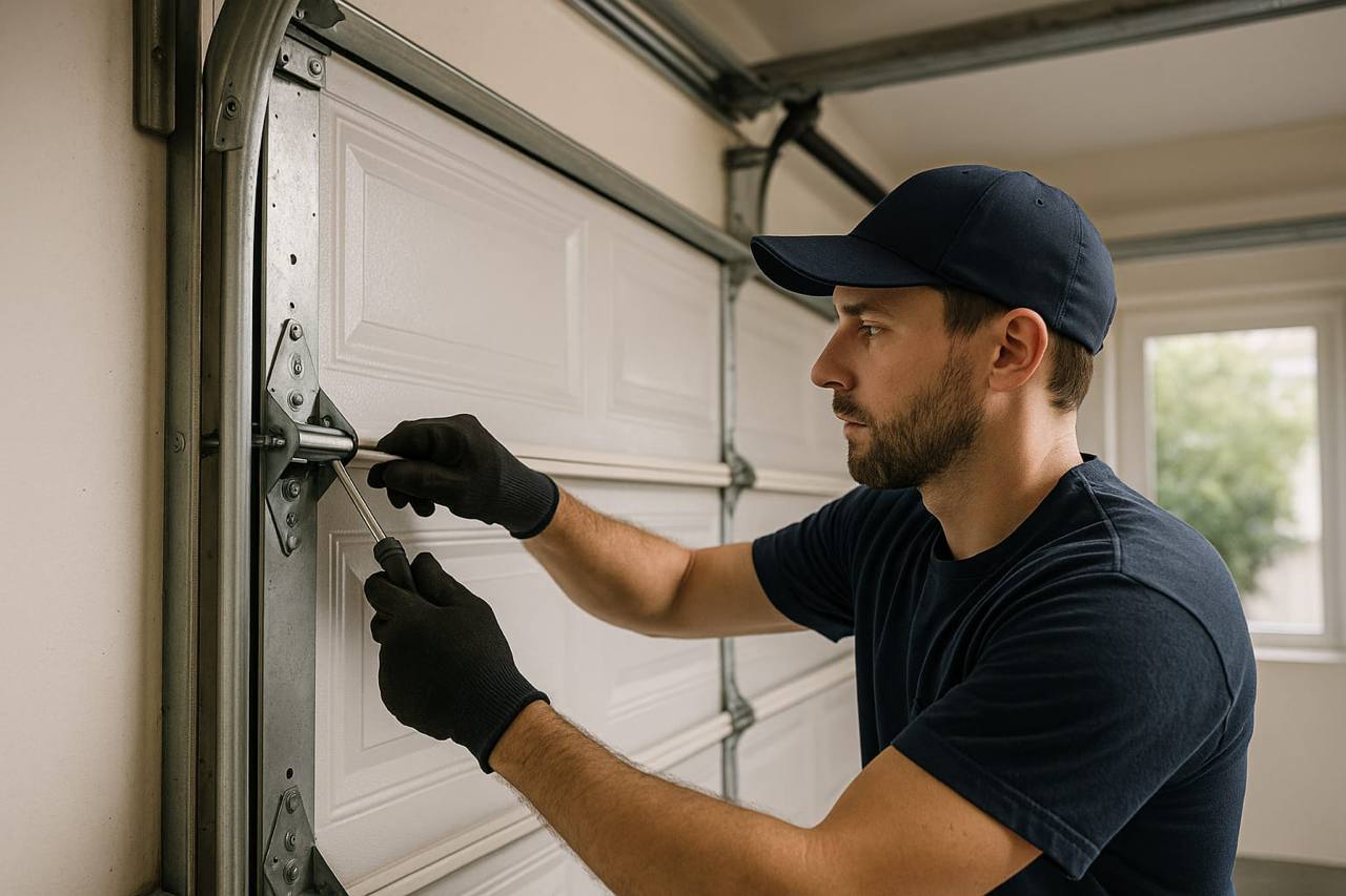 Technician servicing garage door hardware inside a residential garage