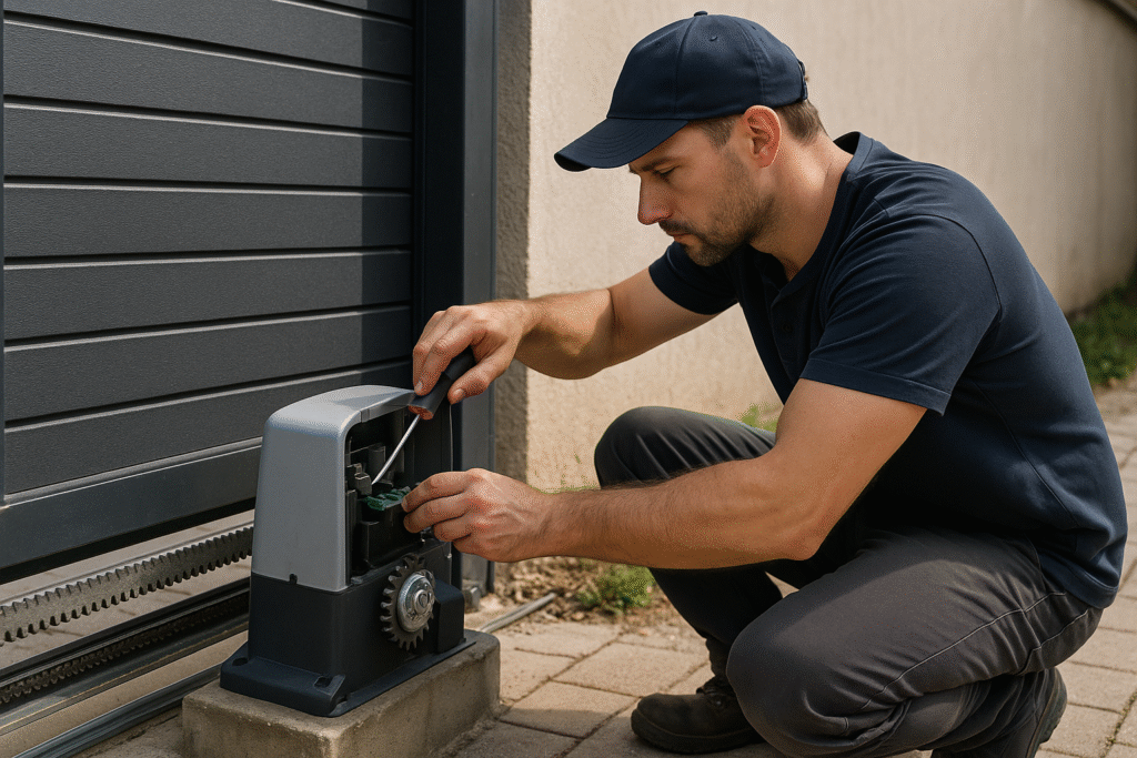 Technician fixing a residential sliding gate operator with visible chain or gear rack drive