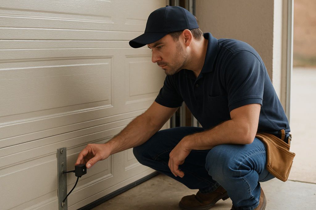 Technician checking garage door safety sensors near the bottom of the door