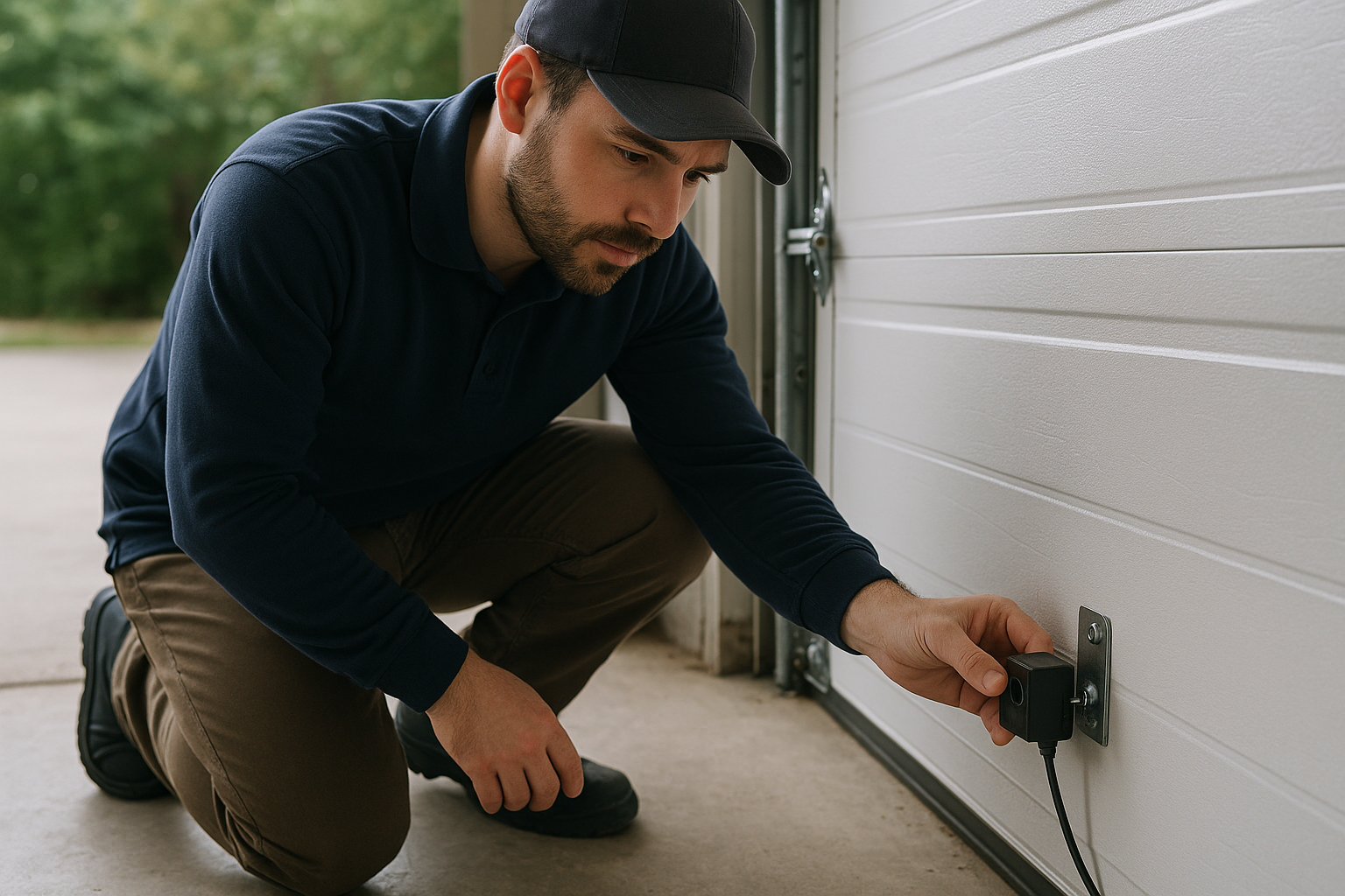 Garage door service technician inspecting safety sensor alignment and operation